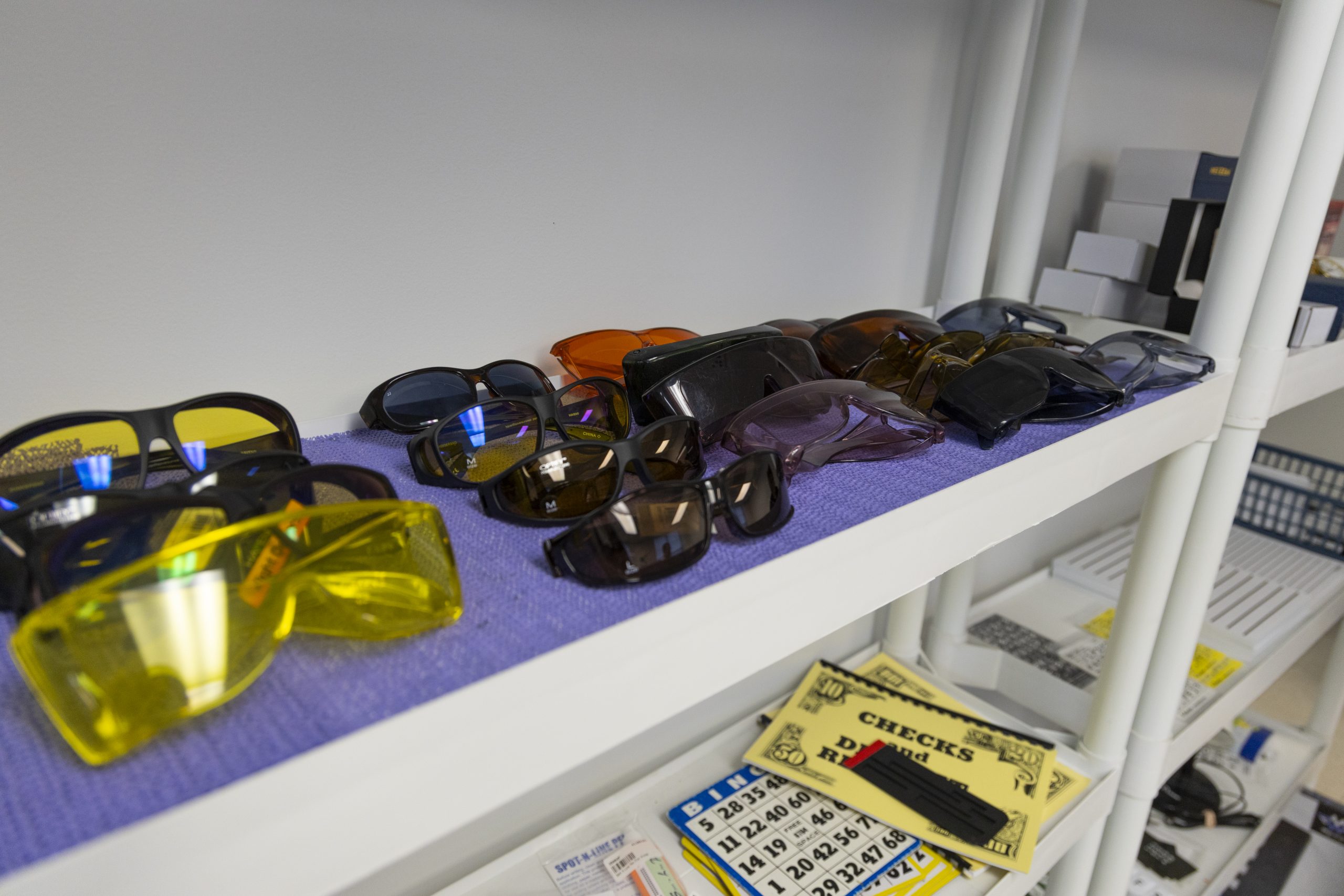 Shelf of eye glasses